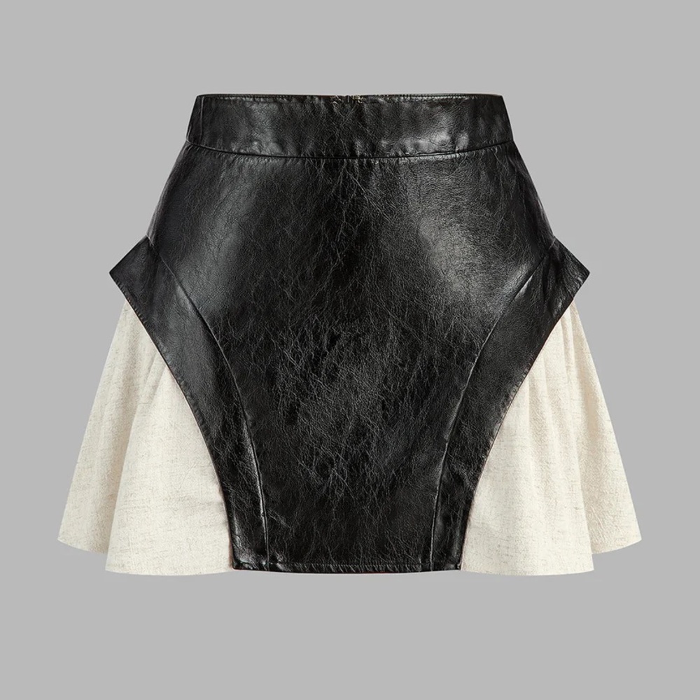 Commense Color Block Black & Cream Multi Texture Chic Faux Leather Mini Skirt SM